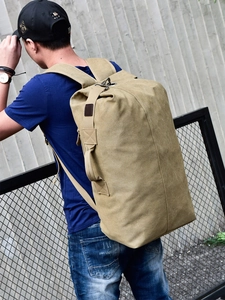 Men Casual Canvas Backpack Large Capacity Outdoor Travel Hiking Bag Breathable Cylindrical Rugged Style Daypack