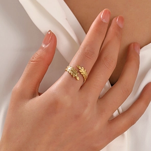 Stainless Steel Leaf Open Ring For Women Adjustable Gold Plated Olive Branch Wheat Ear Trendy Minimalist Elegant