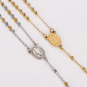 Hip Hop Rosary Necklace Stainless Steel Round Bead Rhinestone Virgin Mary Medal Cross Pendant Jewelry