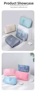 Close-up of travel electronic organizer bags in various colors and patterns with zipper