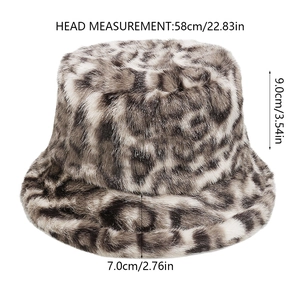 Faux fur leopard bucket hat detail showing 58cm circumference and 9cm height dimensions