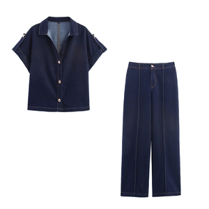 Damen Denim Hemd Und Hose Kurzarm Button Up Top Mit Hoher Taille Weites Bein Hosen Casual Retro Streetwear