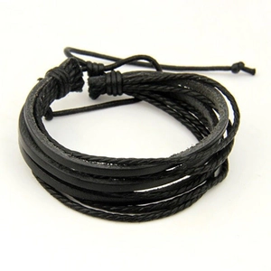 Men's multilayer black leather braided bracelet with adjustable cord closure on white background