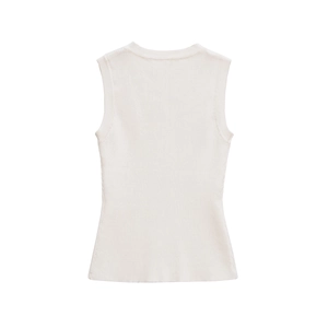 Close-up of white ribbed knit tank top with star detail and elegant round neckline