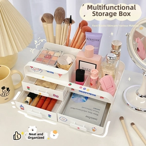 Detail of white multi-layer desktop organizer with top slots and three drawer compartments