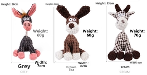 Size comparison and specifications of striped plush dog chew toys in three colors