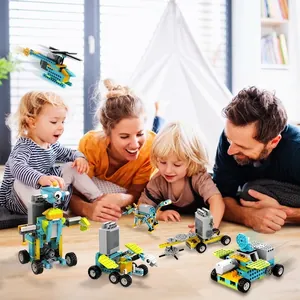 STEM educational building block set with motorized robot, tank, and helicopter models