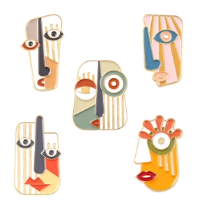 Set of 5 abstract face enamel pins featuring colorful Picasso-style artistic designs