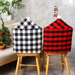 Christmas Chair Back Covers Buffalo Plaid Fabric With White Pom Poms Santa Hat Shape Dining Seat Protector Holiday Home Party Decor