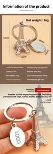 Detailed close-up of 3D Eiffel Tower keychain in zinc alloy with engravable oval plaque