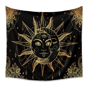 Bohemian sun and moon mandala tapestry in black and gold for bedroom wall decor