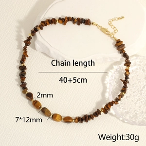 Detailed view of yellow tiger eye stone necklace with gold-plated clasp and length specs