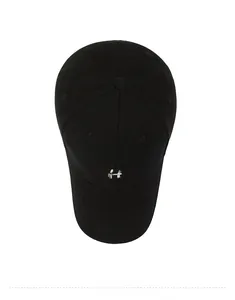 Detailed top view of a black cotton baseball cap with a minimalist embroidered H letter