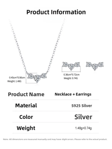 Detailed S925 sterling silver candy jewelry set with size specs for necklace and studs