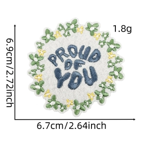 Detailed embroidery patch with green leaves and yellow flowers showing size measurements