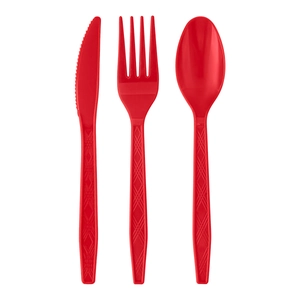 Red plastic cutlery set with diamond textured handles including knife, fork, and spoon