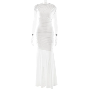 Detail of white sleeveless ruched maxi dress with floor-length hem and slim fit cut