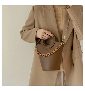 Detail of dark brown bucket bag with circular handle and decorative acrylic chain