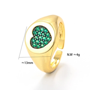 Two-tone heart-shaped ring with green zircon micro-paving and adjustable open design