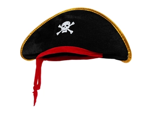 Detailed view of black pirate hat with golden trim, white skull print and red ribbon tie