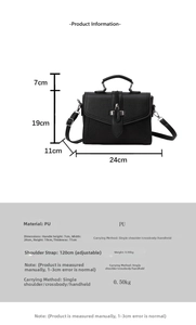 Detailed size chart for the square handbag showing handle drop and product dimensions