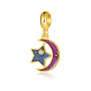 Bohemian gold star and moon jewelry pendant with purple and blue glitter enamel