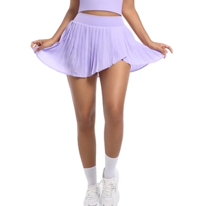 Detail of high-waisted pleated lavender tennis skirt with moisture-wicking fabric