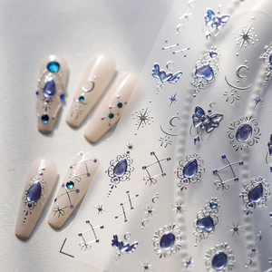 3D Embossed Blue Dreamy Butterfly Star Moon Nail Art Stickers Metallic Silver Edge Self Adhesive Retro Nail Decoration For Women