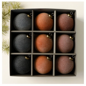 Detailansicht von 9 Weihnachtskugeln aus Samt in Grau und Orange in einer Geschenkbox