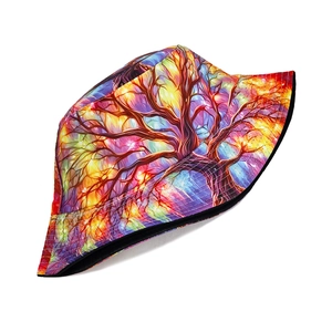 Detailed view of colorful tree pattern embroidery and stitching on the bucket hat