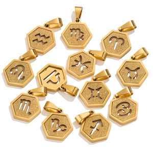 Detailed view of 12-piece hexagonal 18K gold plated stainless steel zodiac charms set