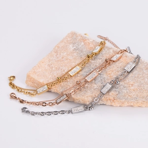 Three-color layered stainless steel chain bracelets with rectangular zircon insets