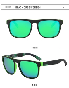 Front and side views of black and green polarized sports sunglasses with green mirror lenses