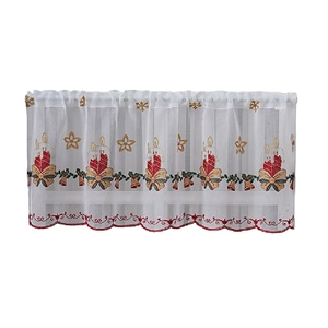 Christmas sheer cafe curtain with festive candle embroidery and wavy lace borders