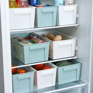 Stackable plastic storage baskets with handles for fridge organization and snack storage