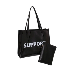 Black glossy jelly tote bag set with SUPPORT text and matching small pouch bag