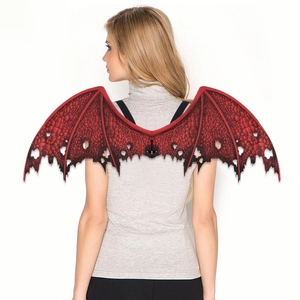 Detail of red and black non-woven dragon wings showing back harness and texture