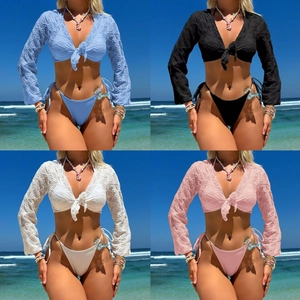 Women Bikini Swimsuit Long Sleeve Textured Cover Up Tie Side Swimwear Solid Color Sexy Beachwear Polyester