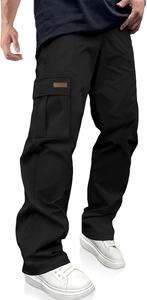 Detail of men's black cargo pants with large flap pockets and durable workwear fabric