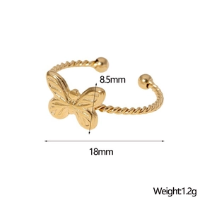 Détails de la bague papillon dorée indiquant une largeur de 18 mm et une hauteur de 8,5 mm