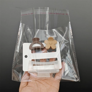 Detail of assorted hair claw clips on white display card in clear packaging