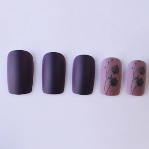 Deep purple matte and floral leaf design square press-on nails set on white background