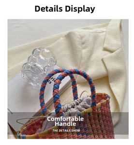 Close-up of colorful handwoven straw bucket bag with durable dual-tone spiral handles