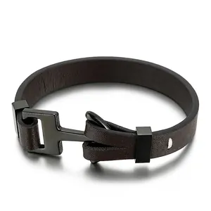 Bracelet Ancre Homme Cuir Véritable Tressé Acier Inoxydable Plaqué Noir Bijoux Punk Nautique