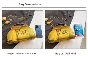 Size comparison of yellow floral embroidered bag with iPhone 14 Pro Max and iPad mini