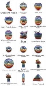 Detailed size guide for chakra healing stones in moon, heart, and star shapes
