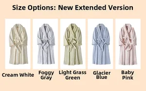 Detailed grid showing five colors of plush long robes with lapels and belted waists