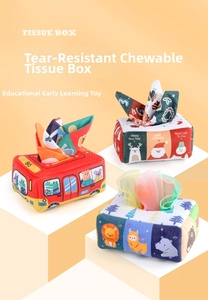 Soft fabric sensory tissue box toy for infants featuring durable bus and holiday patterns