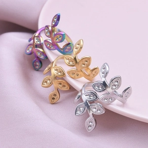 Adjustable leaf open ring set in rainbow, gold, and silver 304 stainless steel