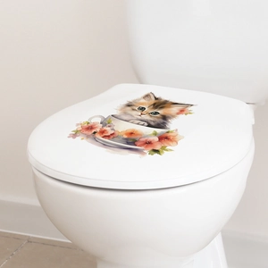 Close-up of a cute watercolor cat in a teacup sticker on a white ceramic toilet lid